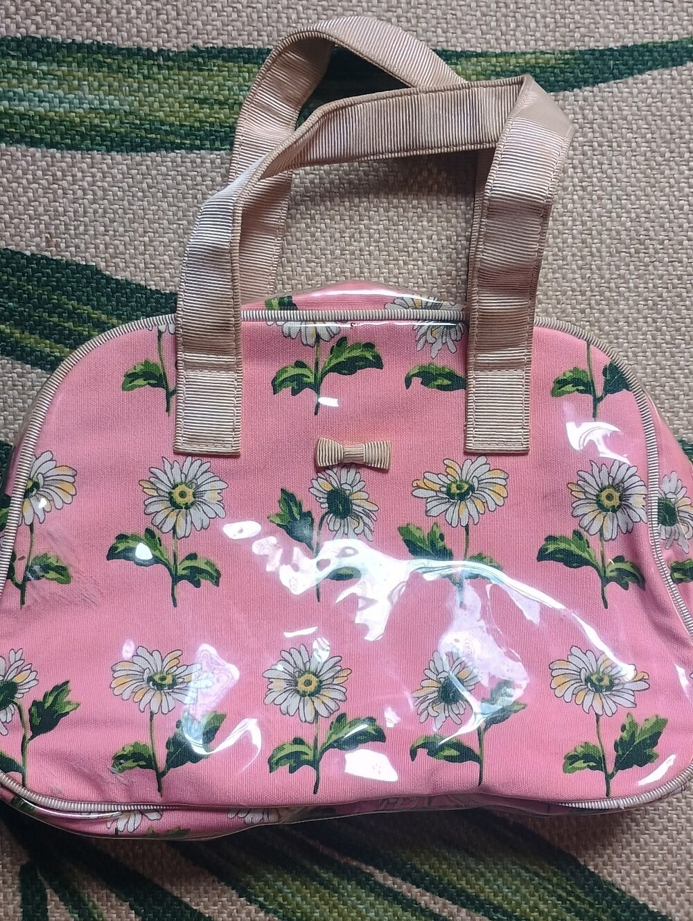 Liz Claiborne Pink Daisy Cosmetic Bag with Beige Handles